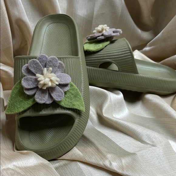 Not Sure Shoes - Funky Olive Floral Slide Sandals